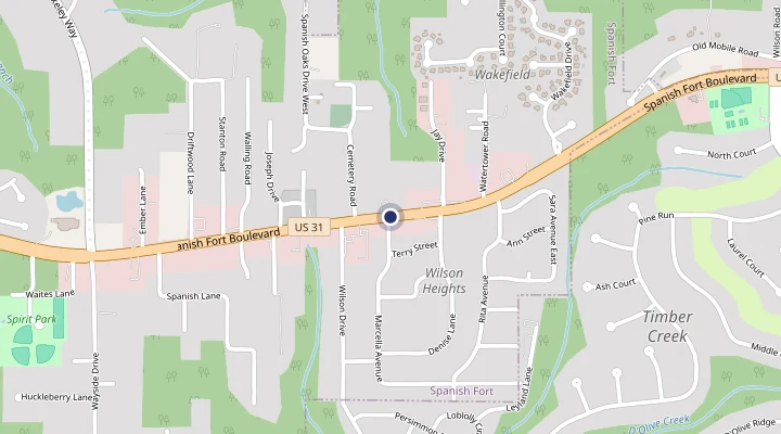 Map showing Nautilus Hearing on 8230 Spanish Fort Blvd., Suite C in Spanish Fort, marked between US 31 and the residential streets south of it.